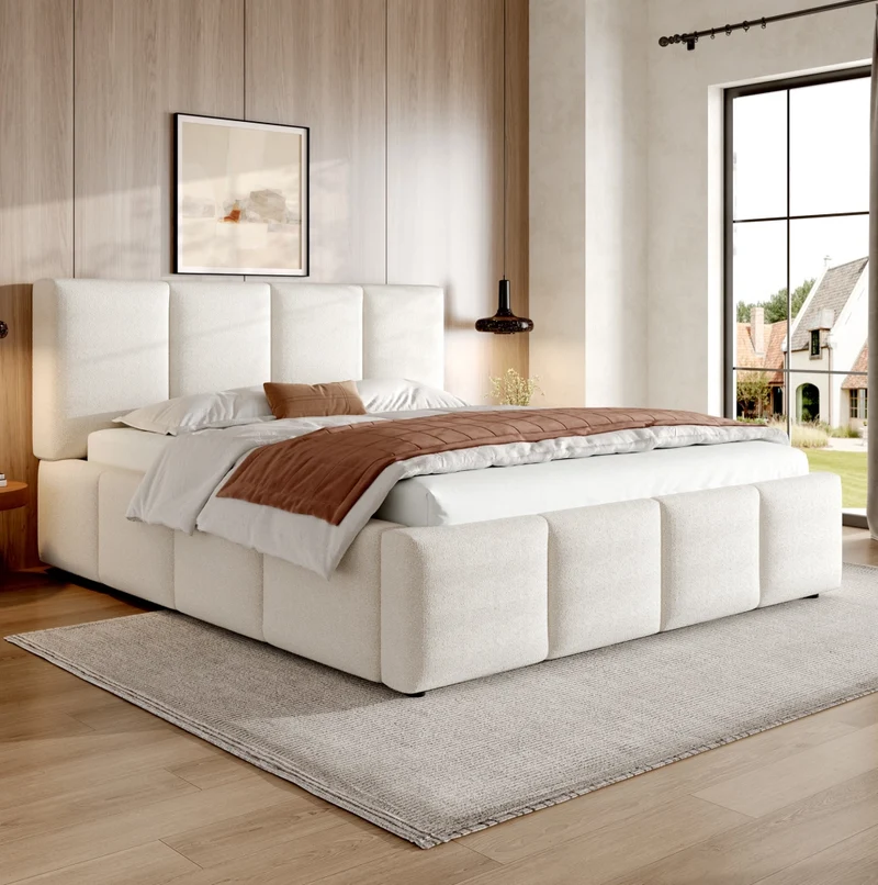 Letto matrimoniale 160x200 cm con testiera imbottita; in bouclé beige; con rete a doghe