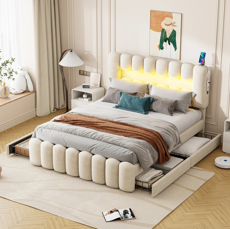 Letto imbottito 160x200 cm in velluto beige con 4 cassetti; LED; USB e altoparlanti