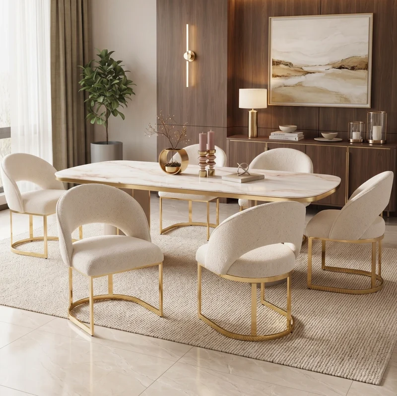 Set di 6 sedie da pranzo in bouclé beige con gambe in metallo dorato