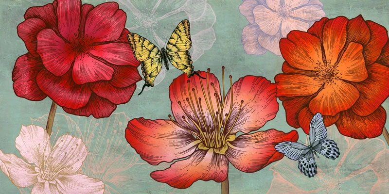 Flowers and Butterflies (Aqua)