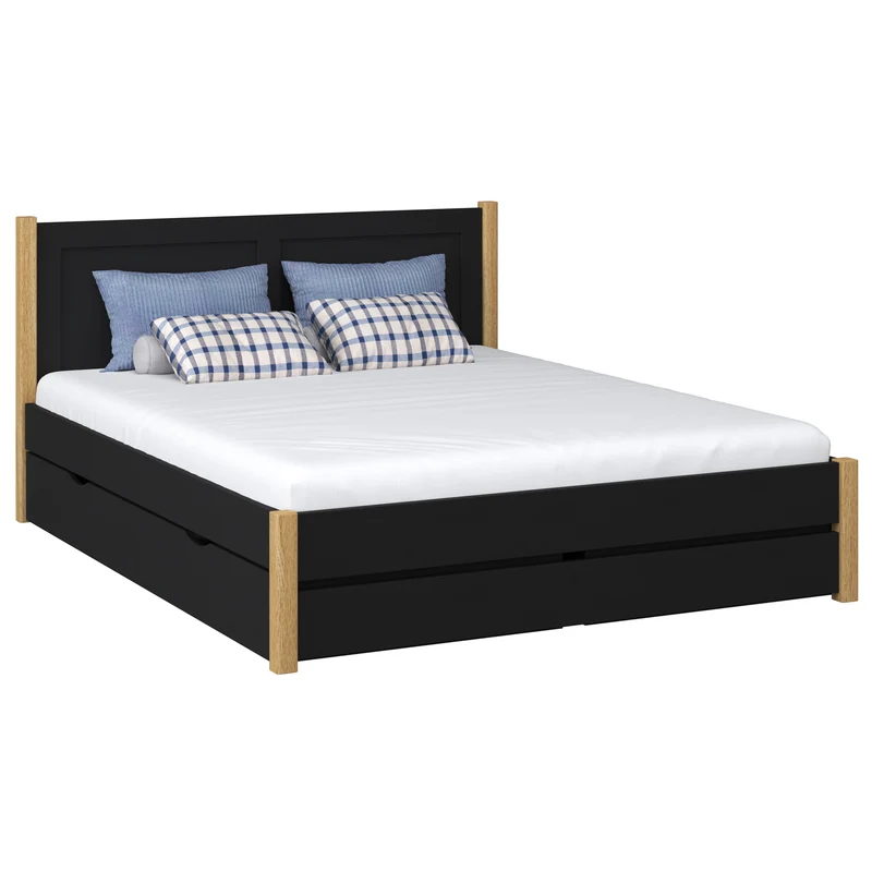 Letto matrimoniale in legno con cassetto N02 nero / rovere naturale
