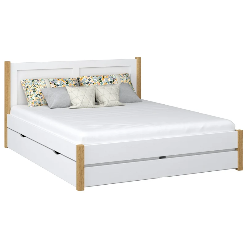Letto matrimoniale in legno con cassetto N02 bianco / rovere naturale