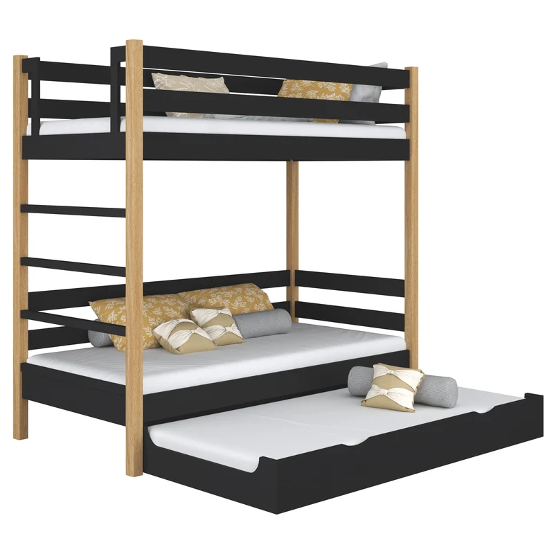 Letto a castello in legno con cassetto per materasso N03 nero / rovere