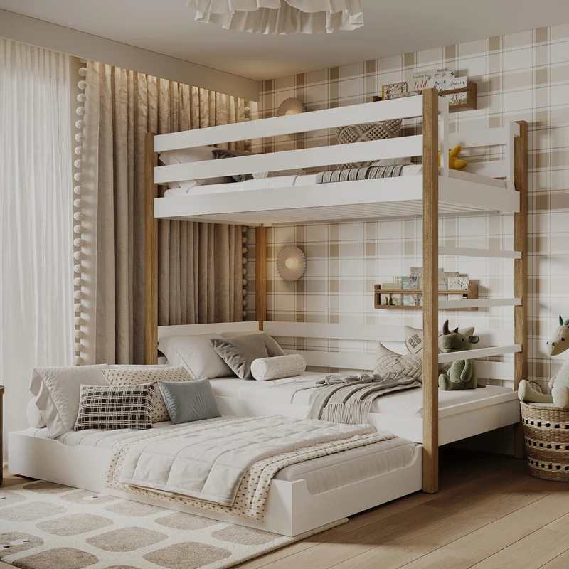 Letto a castello in legno con cassetto per materasso N03 bianco / rovere