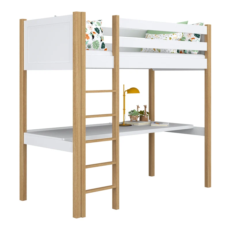 Letto a soppalco in legno con scrivania N06 bianco / rovere