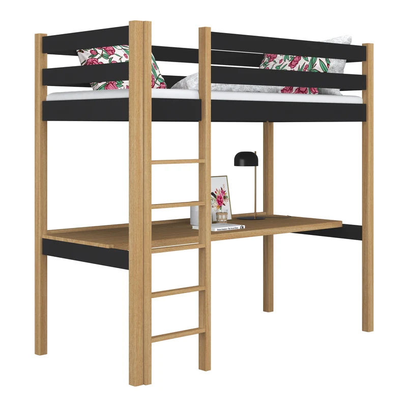 Letto a soppalco in legno con scrivania N05 nero / rovere