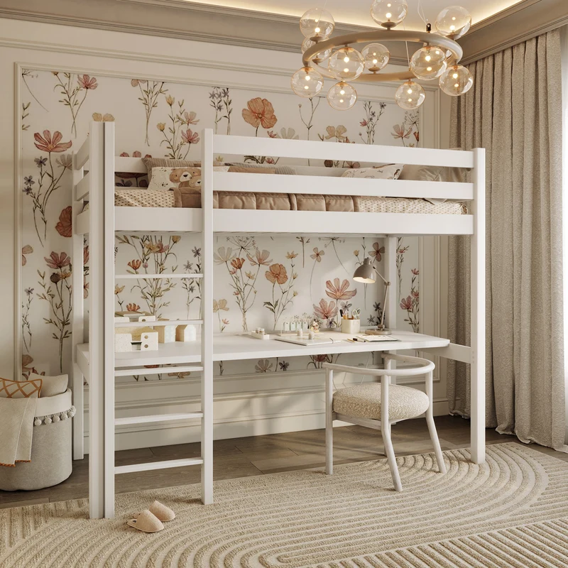 Letto a soppalco in legno con scrivania N05 bianco