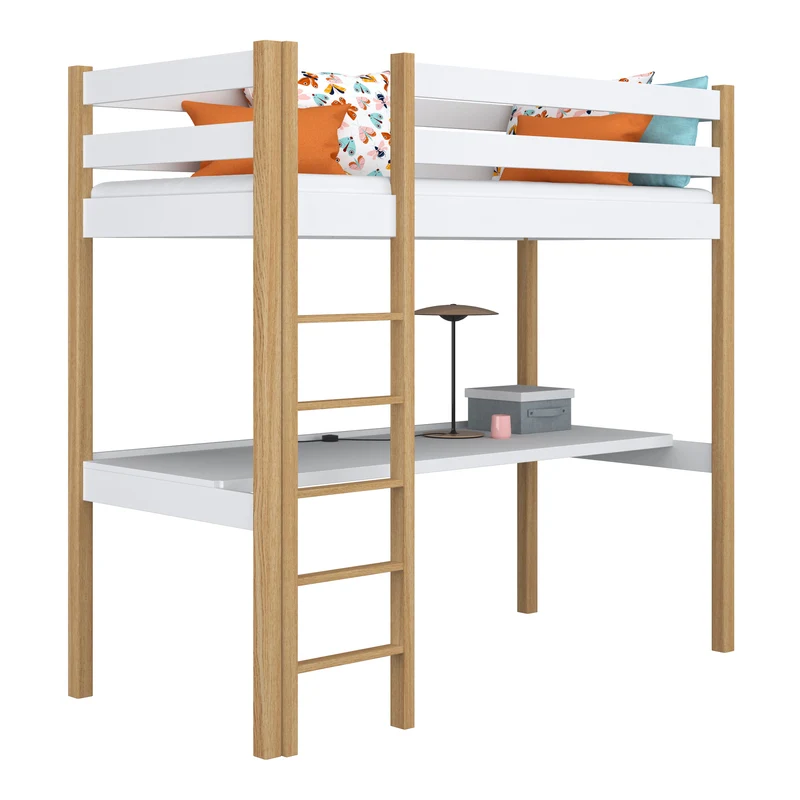 Letto a soppalco in legno con scrivania N05 bianco / rovere