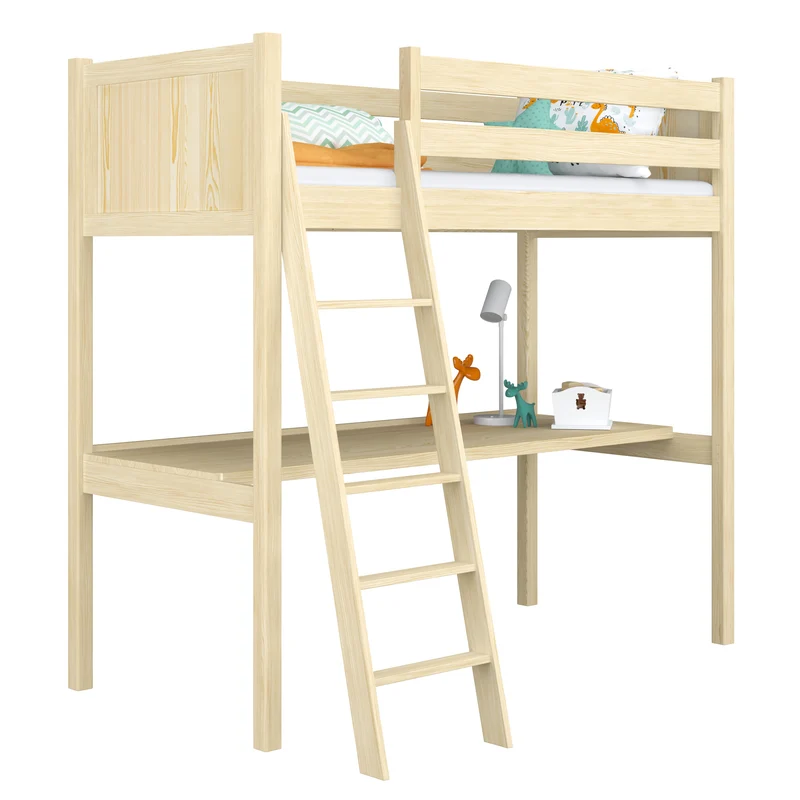 Letto a soppalco in legno con scrivania N04 pino trasparente