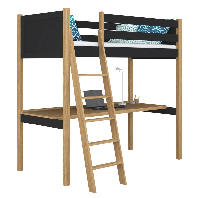 Letto a soppalco in legno con scrivania N04 nero / rovere