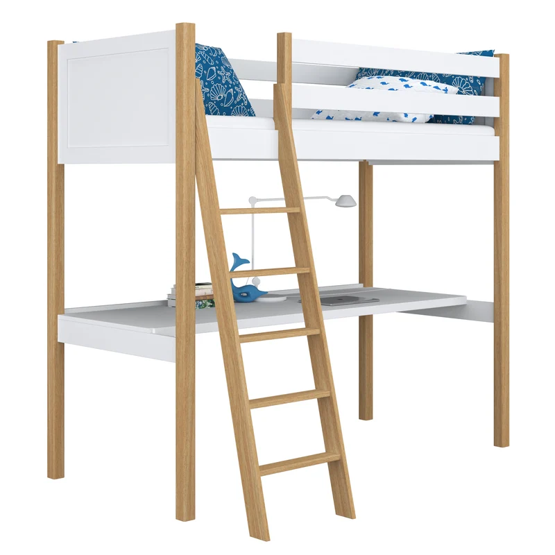 Letto a soppalco in legno con scrivania N04 bianco / rovere