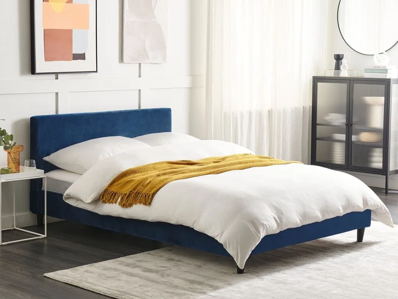 Letto matrimoniale in tessuto blu con rete a doghe 140 x 200 cm stile contemporaneo
