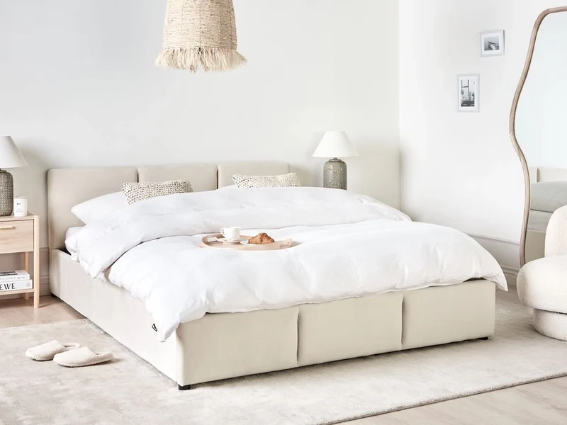 Letto Ottomano Beige Chiaro Velluto Tappezzato 160 x 200 cm Testiera Travestita Funzione Contenitore