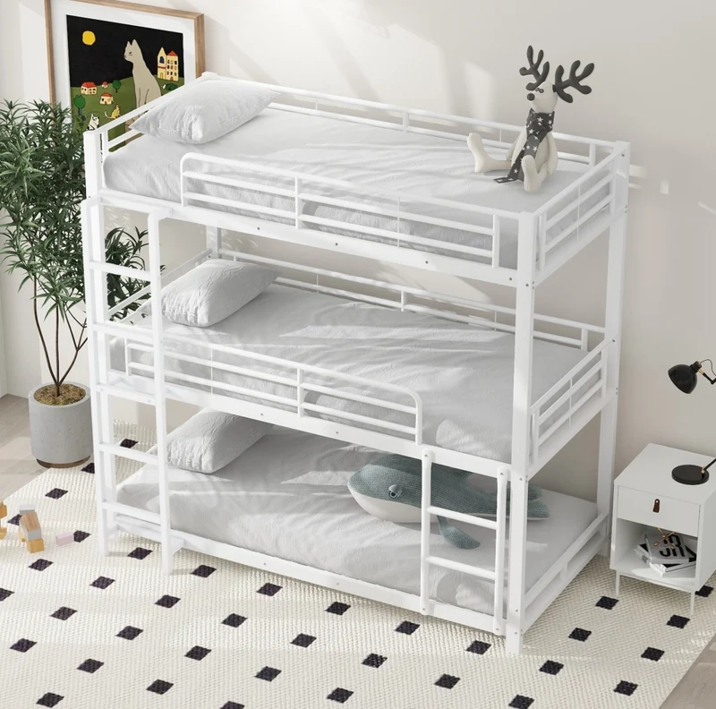 Letto a castello triplo in metallo 90x200 cm con scala e sponde di sicurezza
