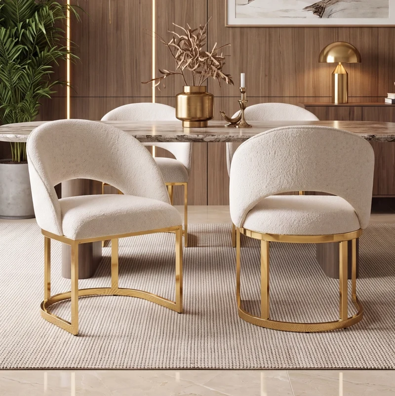 Set di 4 sedie da pranzo in tessuto bouclé beige con gambe in metallo dorato