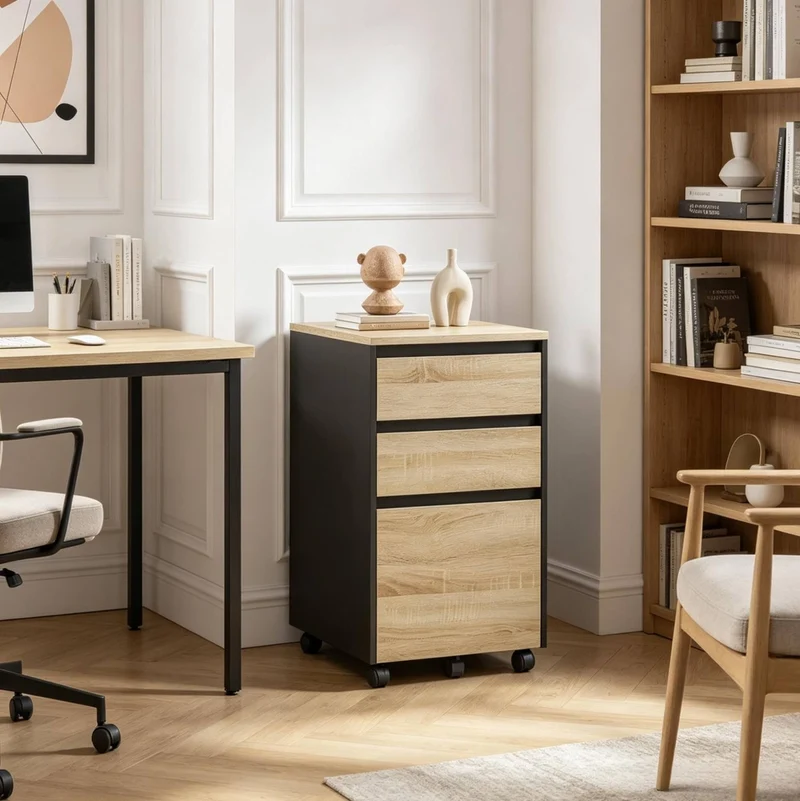 Cassettiera portadocumenti su ruote 40x70x40 cm in legno ingegnerizzato nero e rovere chiaro
