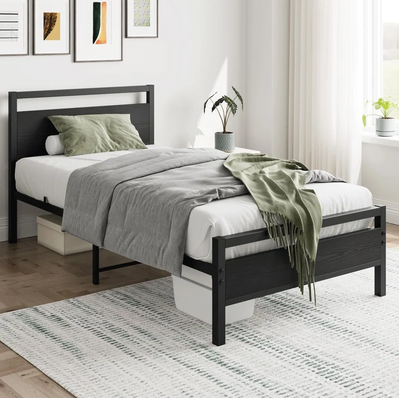 Letto singolo 90x200 cm in metallo e MDF nero con rete a doghe e vano sottostante