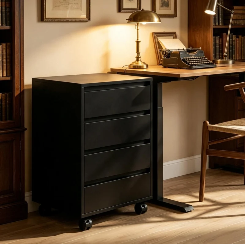 Cassettiera da ufficio su ruote con 4 cassetti 46x40x65 cm in MDF nero