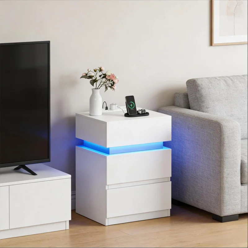 Comodino con LED regolabile e stazione di ricarica 40x35x55 cm in legno bianco
