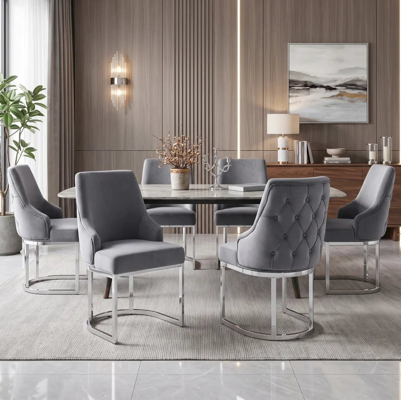 Set di 4 sedie da pranzo in velluto grigio con gambe in metallo argentato