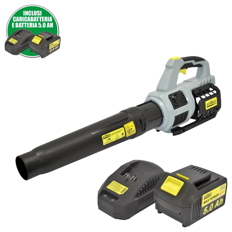 Soffiatore a Batteria Turbo Assiale KOMBO PRO Carica Batteria e Batteria da 5.0Ah incluse – Potenza e Libertà di Movimento per la Pulizia del Tuo Giardino