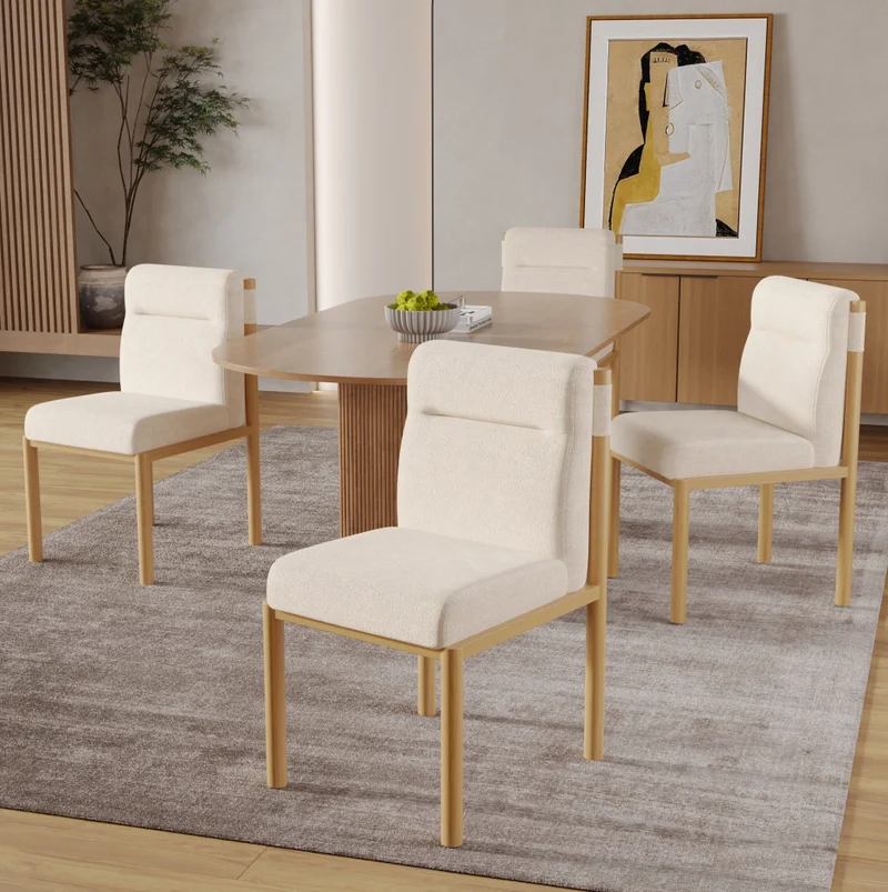 Set di 6 sedie da pranzo in tessuto Sherpa beige con struttura in metallo effetto rovere