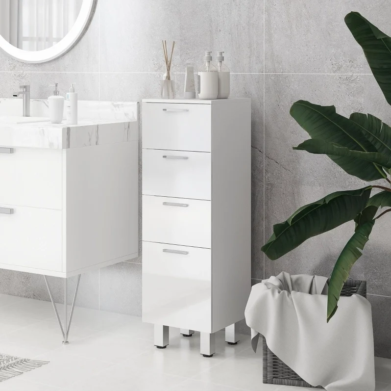 Mobiletto bagno stretto con 4 cassetti e piedi regolabili 30x30x93 cm in legno bianco