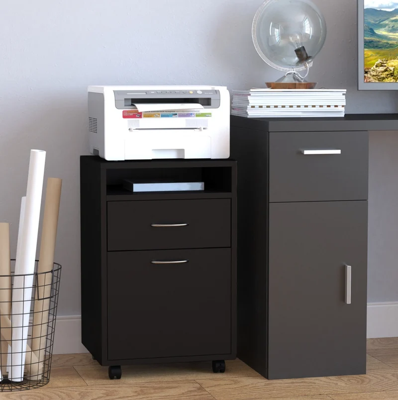 Cassettiera ufficio su ruote 40x35x60 cm con ripiano; cassetto e armadietto nera
