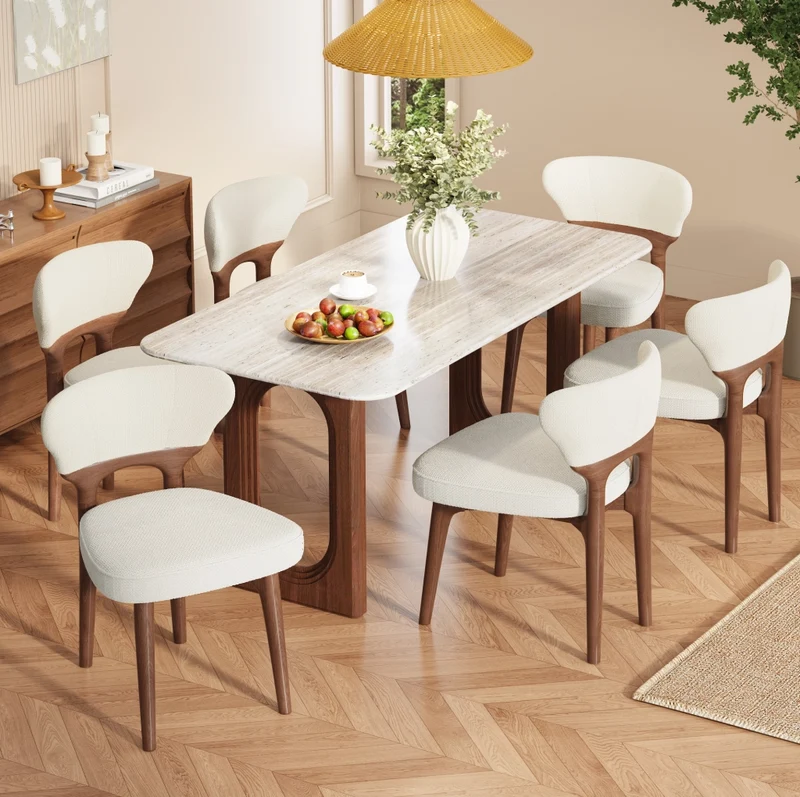 Set di 6 sedie da pranzo in ciniglia beige chiaro con struttura in legno massello