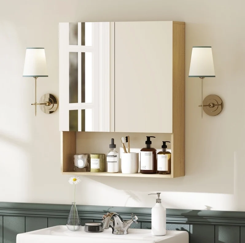 Mobile bagno sospeso 60x16;6x75 cm con 2 ante a specchio e vano aperto; rovere