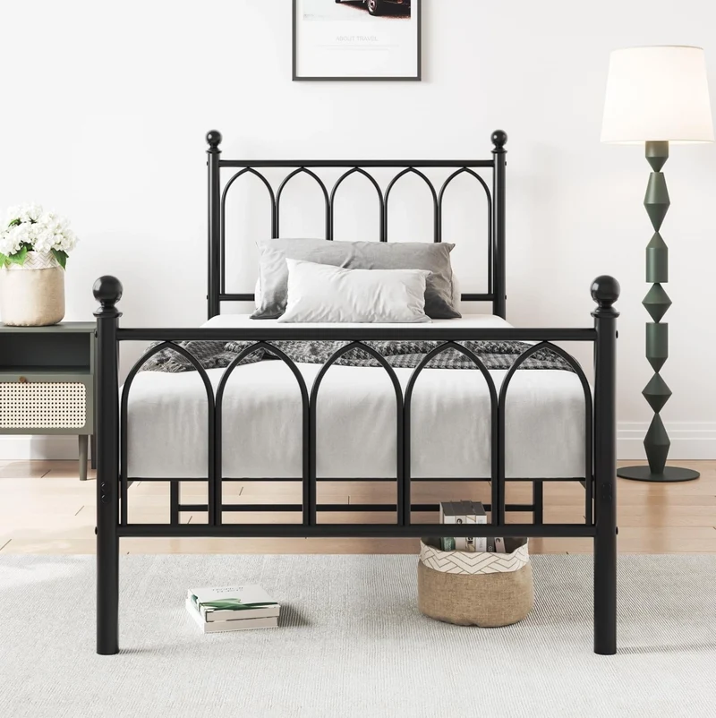 Letto singolo in metallo 90x200 cm con testiera e pediera alte; nero