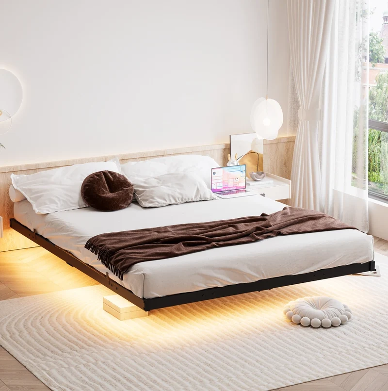 Struttura letto 140x190 cm effetto sospeso in metallo nero con LED e stazione di ricarica