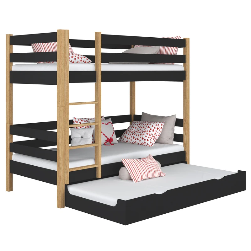 Letto a castello in legno con cassetto per materasso N01 nero / rovere