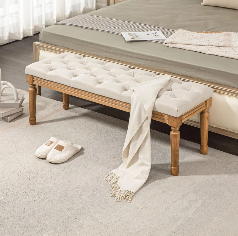 Panca imbottita stile francese 120x41x48 cm in poliestere bianco crema con gambe in legno