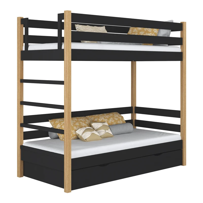 Letto a castello in legno con cassetto N03 nero / rovere