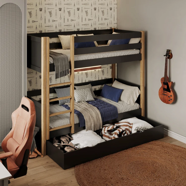 Letto a castello in legno con cassetto N02 nero / rovere