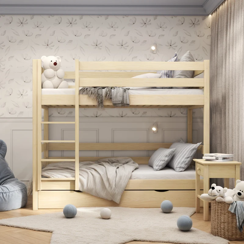 Letto a castello in legno con cassetto N01 pino trasparente