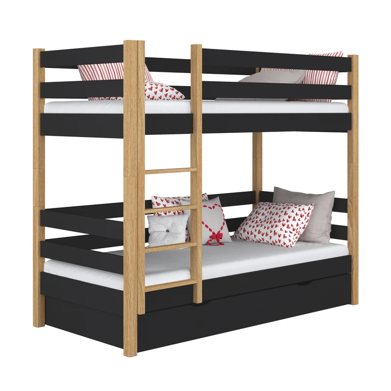 Letto a castello in legno con cassetto N01 nero / rovere