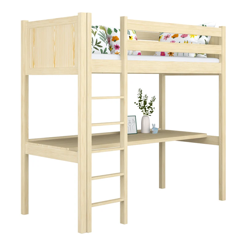 Letto a soppalco in legno con scrivania N06 pino trasparente
