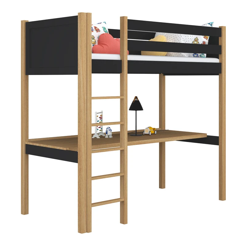 Letto a soppalco in legno con scrivania N06 nero / rovere