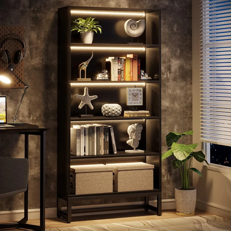 Tribesigns Libreria da 180 cm, grande scaffali con luci a LED con ripiani a 5 livelli per soggiorno
