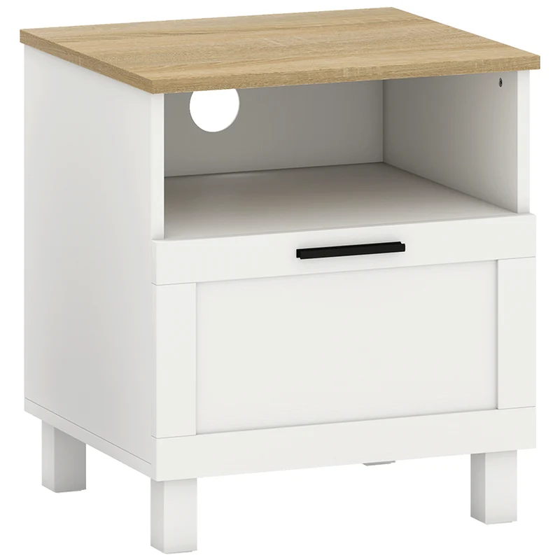 Comodino Moderno 45x38x50 cm con Cassetto e Ripiano in Legno Bianco e color Legno