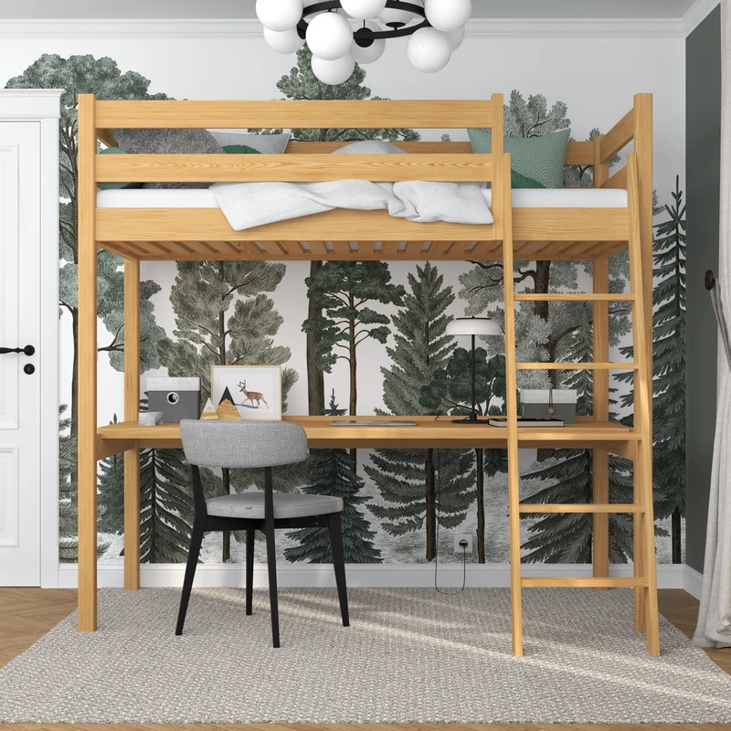 Letto a soppalco in legno con scrivania N03 pino naturale