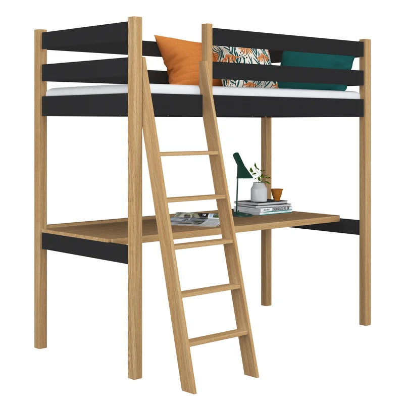 Letto a soppalco in legno con scrivania N03 nero / rovere