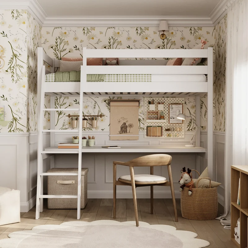 Letto a soppalco in legno con scrivania N03 bianco