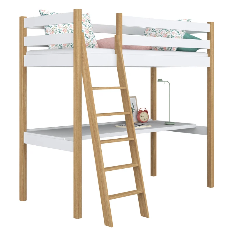 Letto a soppalco in legno con scrivania N03 bianco / rovere