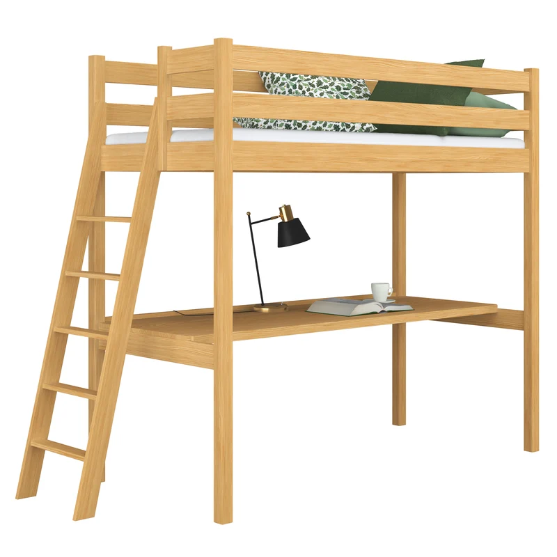 Letto a soppalco in legno con scrivania N02 pino naturale