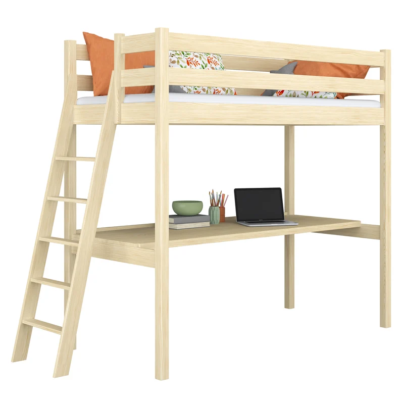 Letto a soppalco in legno con scrivania N02 pino trasparente