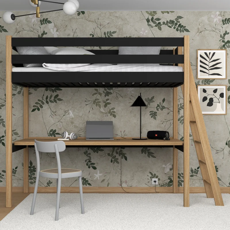 Letto a soppalco in legno con scrivania N02 nero / rovere