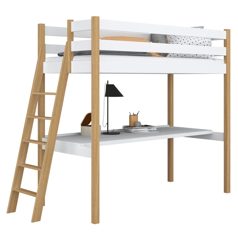 Letto a soppalco in legno con scrivania N02 bianco / rovere